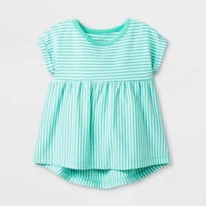Cat & Jack Baby Green & White Striped Short Sleeve Dress Newborn Cotton Blend